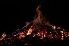Großes brennendes Feuer in der Dunkelheit mit glühenden Holzscheiten und hohen Flammen.