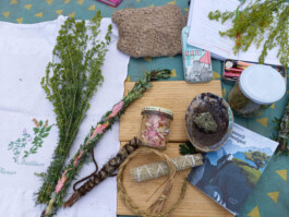 Kräuter, Blüten, Steine und weitere Ritualgegenstände liegen auf einer hellen Unterlage.